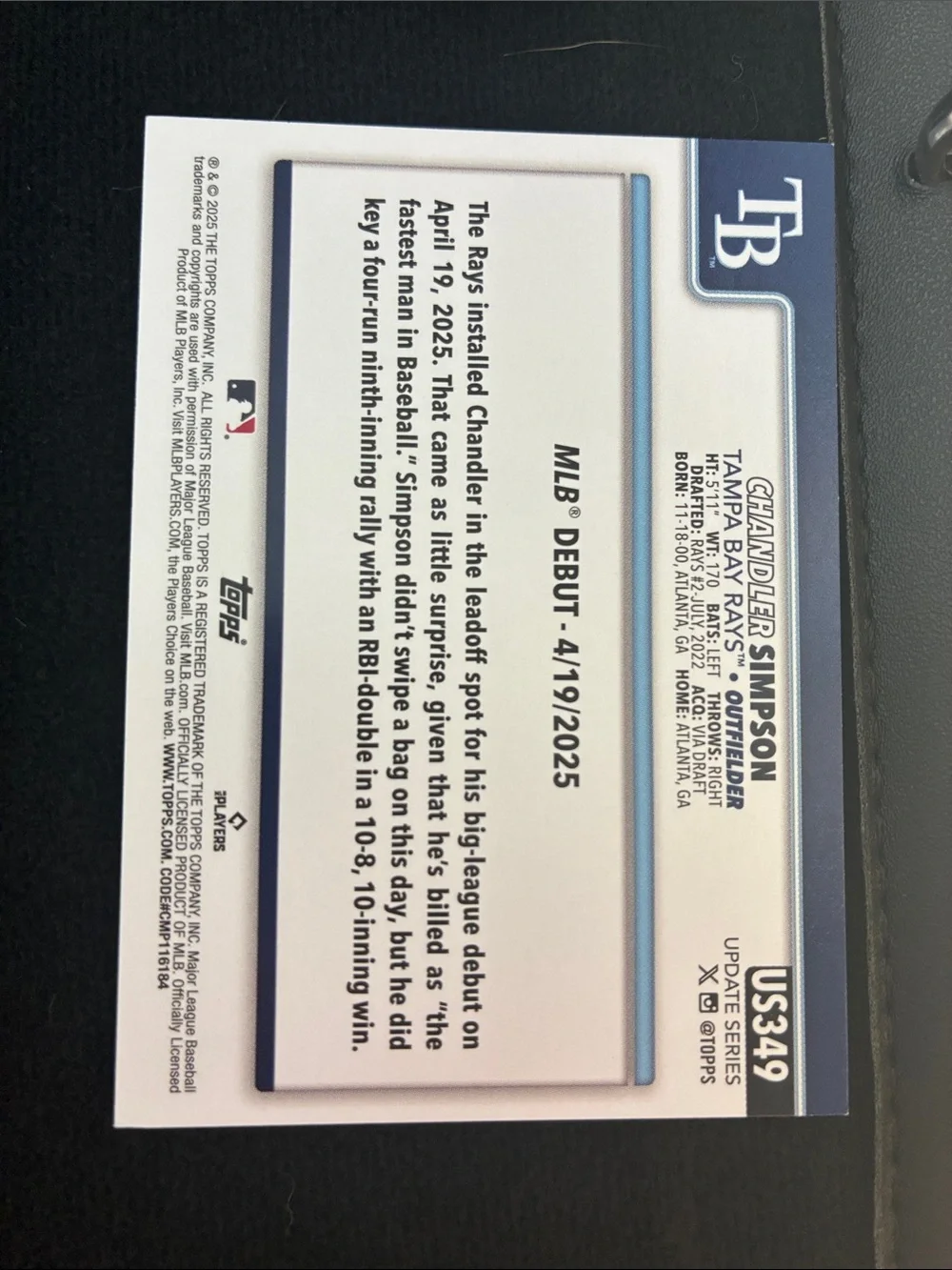 Topps Rays Baseball Card - White, Blue, Black